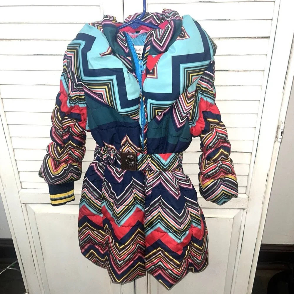 Mim Pi stretch puffer belted coat girls size 4 chevron - Picture 4 of 13